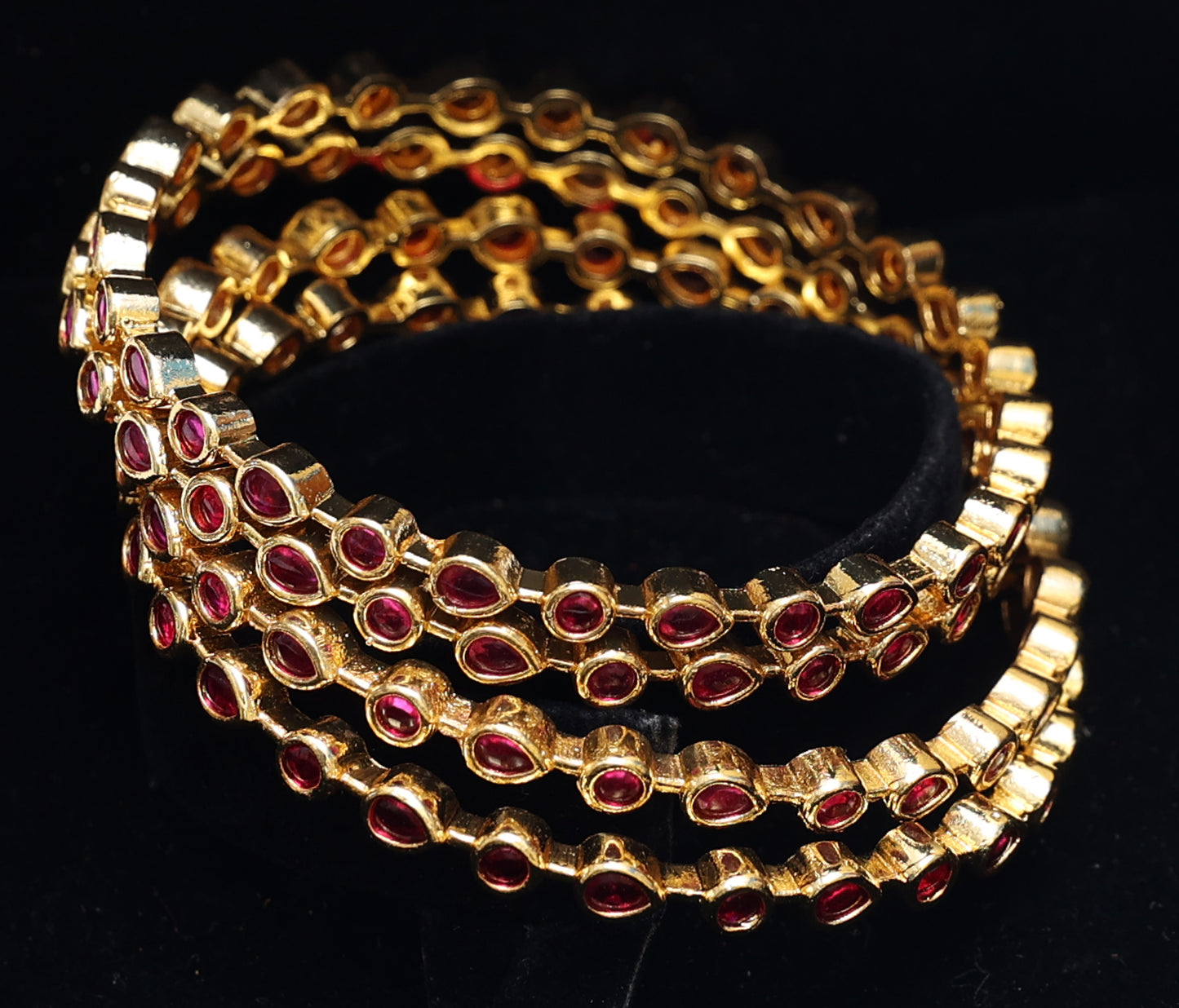 Delicate Pink Stone Studded Gold Bangles Set