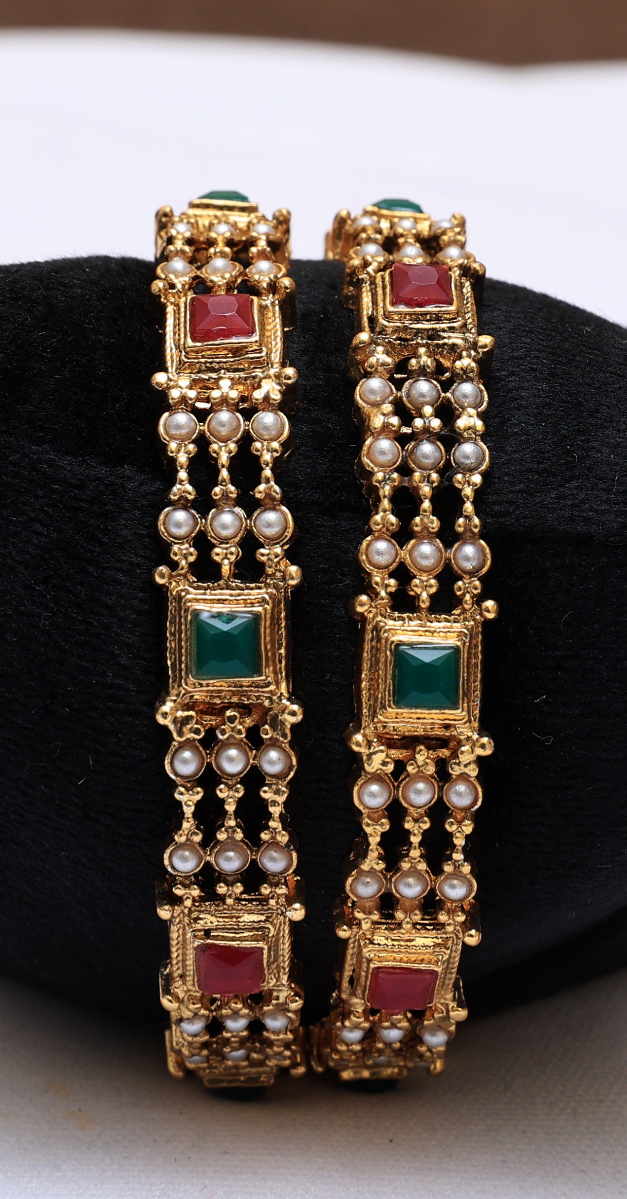 Breathtaking Pink Stone and Pearl Studded Bangles Set