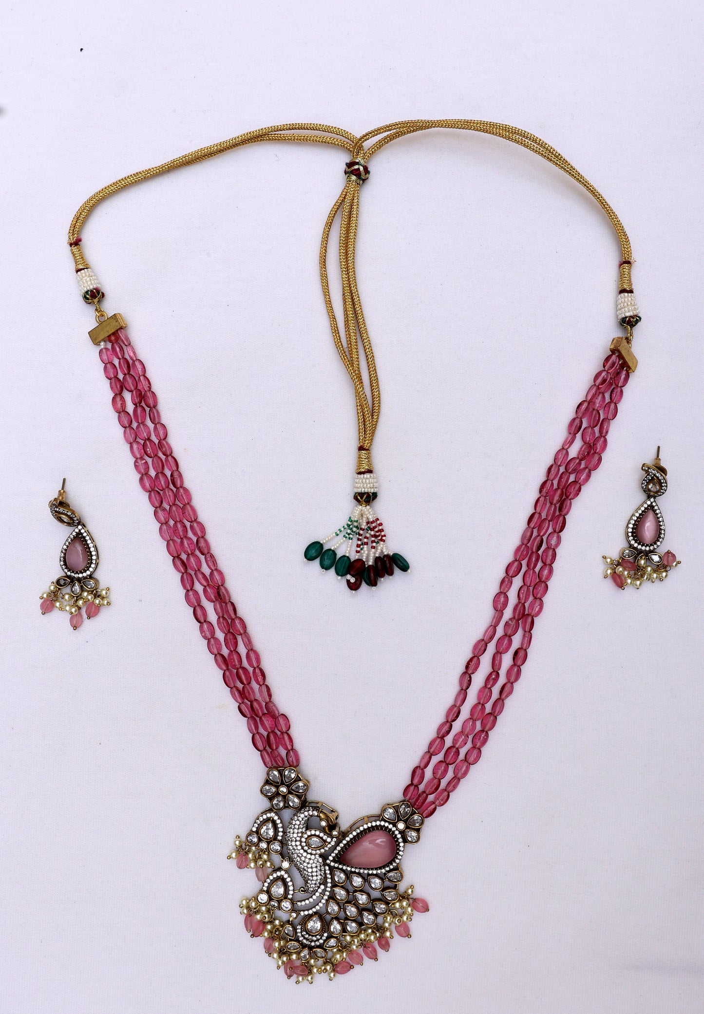 Pink Beaded Peacock Necklace Set