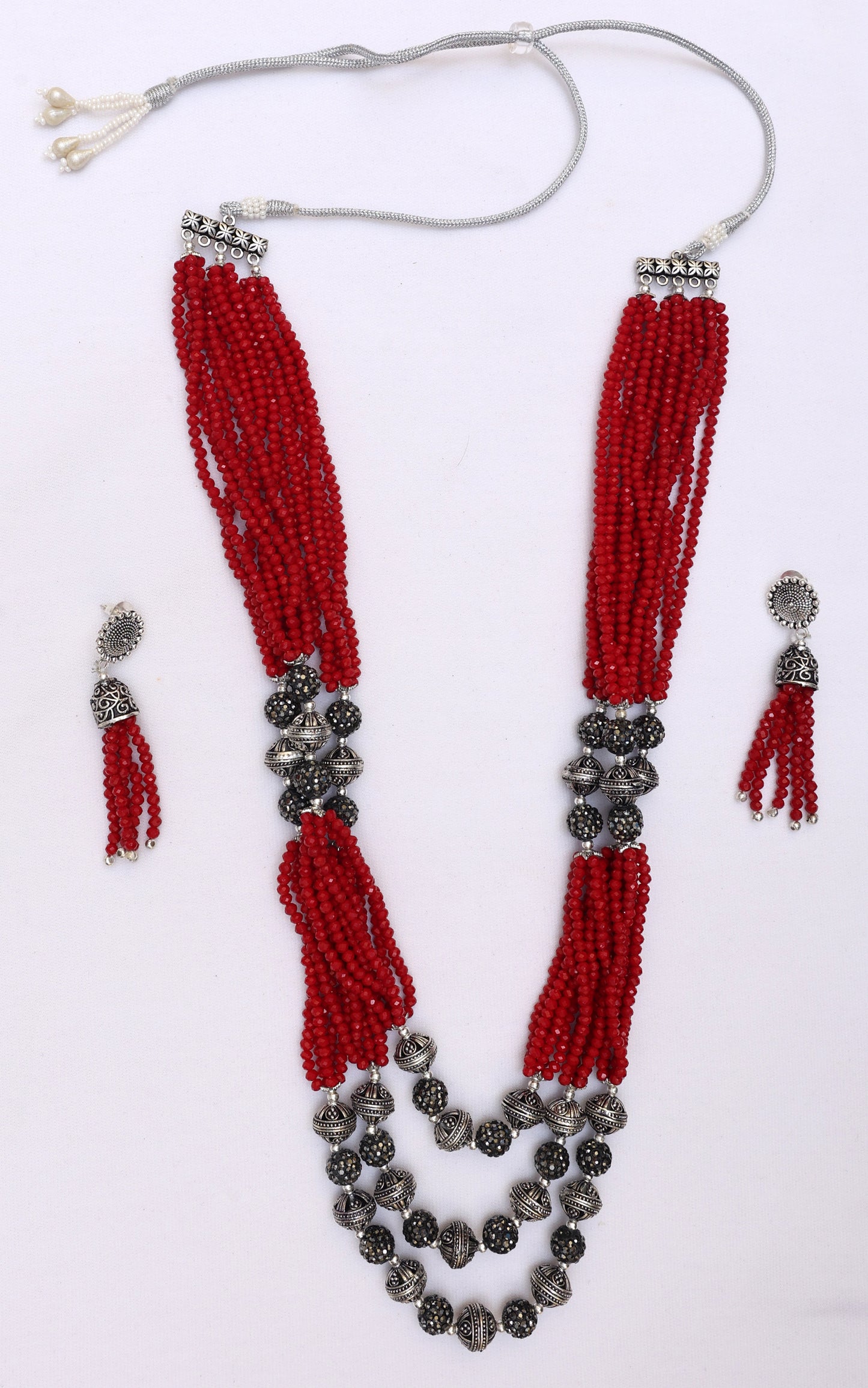 Bustling Red Colour Beaded Necklace Set