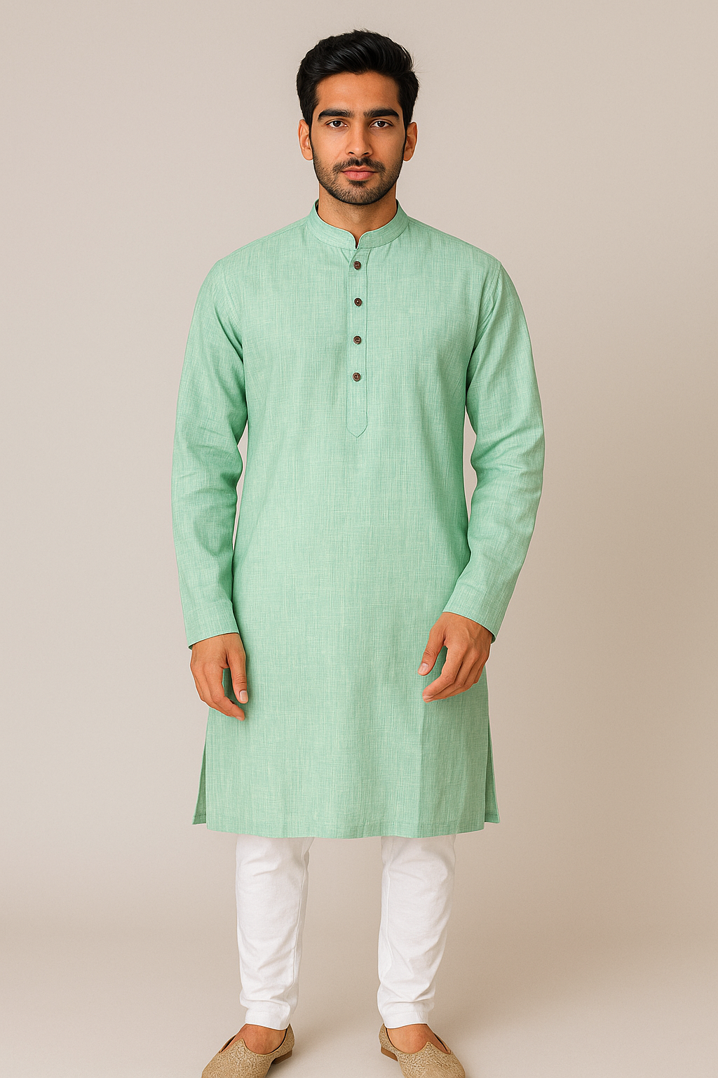 Mens Delicate Green Solid Patterned Kurta