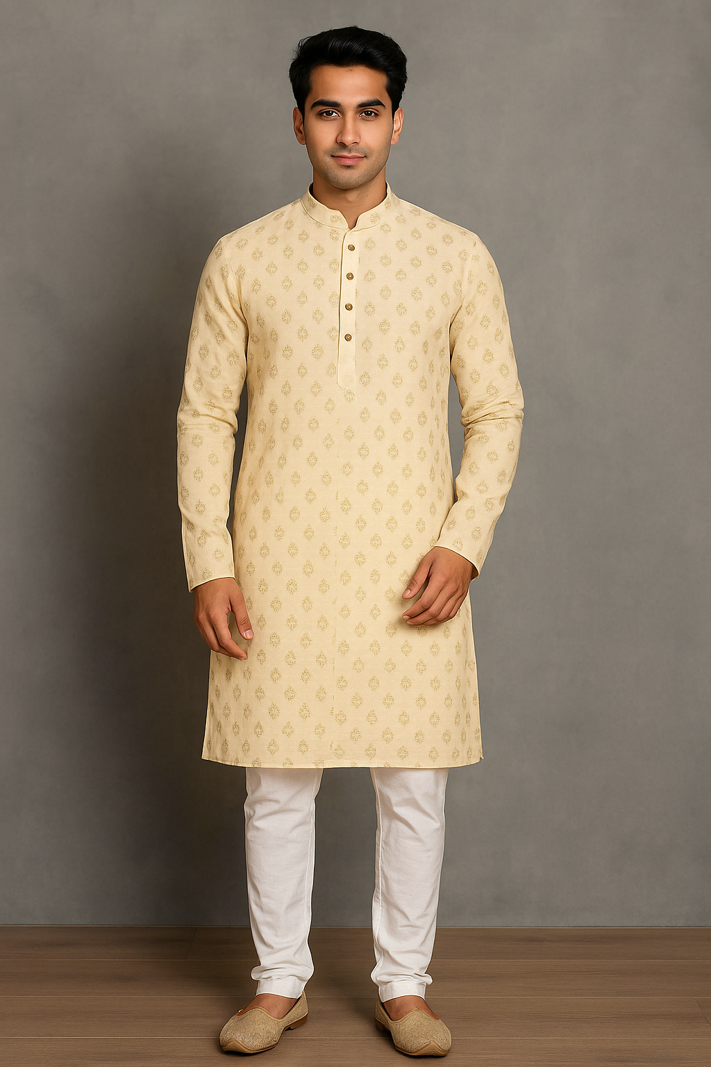 Mens Ethnic Motifs Printed Beige Kurta