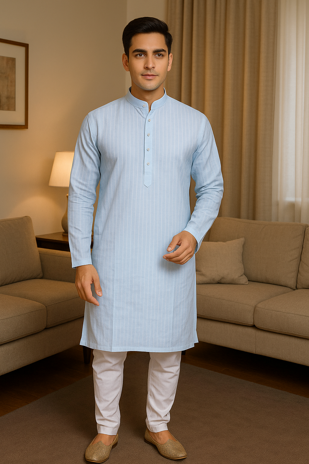 Sophisticated Mens Striped Sky White Kurta