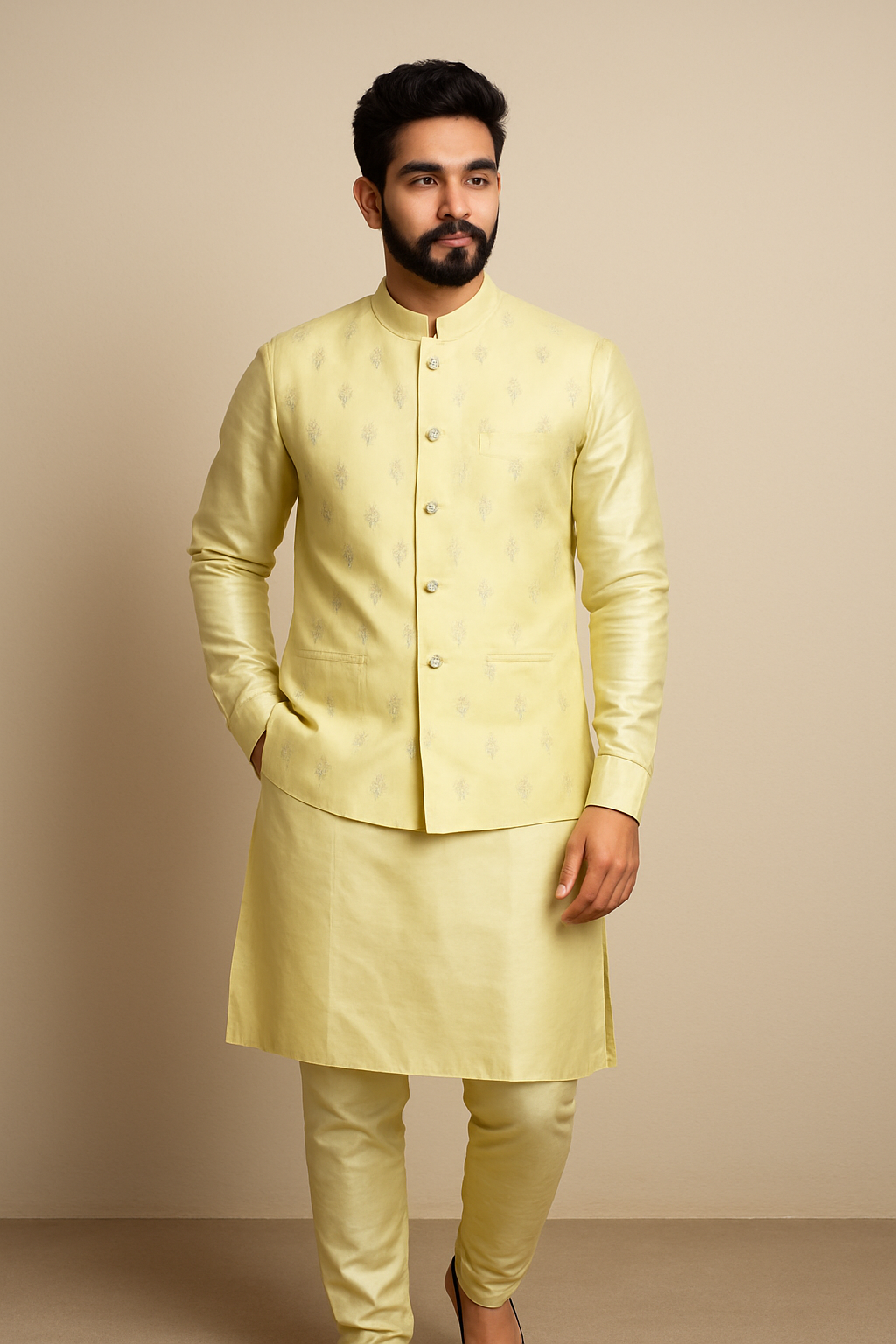 Mens Lime Green Kurta Set with Vest Jacket