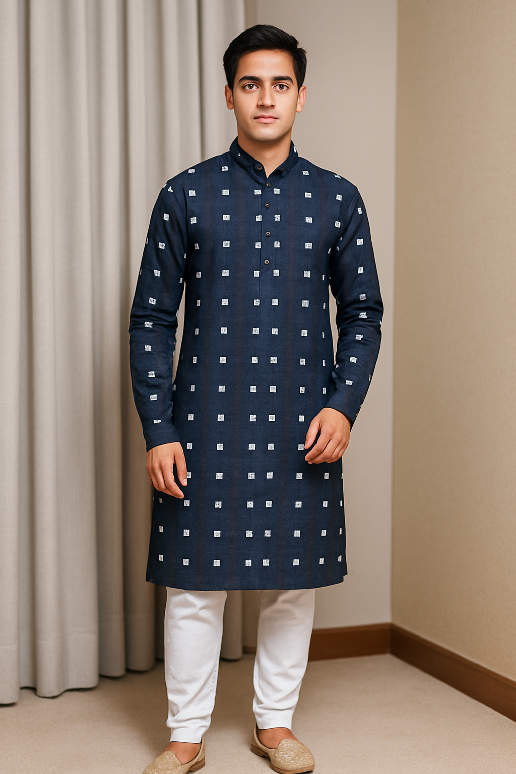Mens Modern Black Kurta with Geometric Shapes