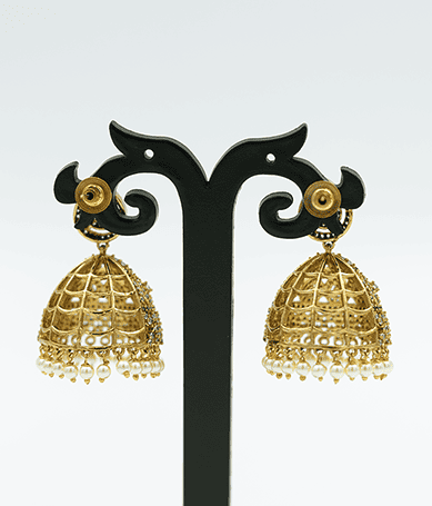 Gold Toned Jhumka Earrings with Purple Accents