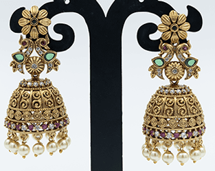Charming Antique Gold Toned Jhumka Earrings with Floral Accents