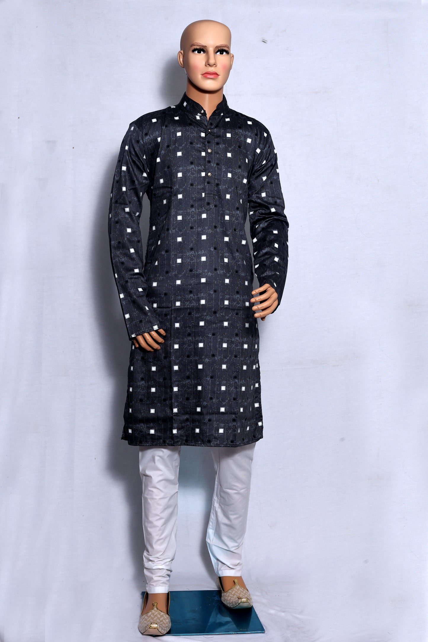 Mens Black Kurta with Geometric Square Pattern