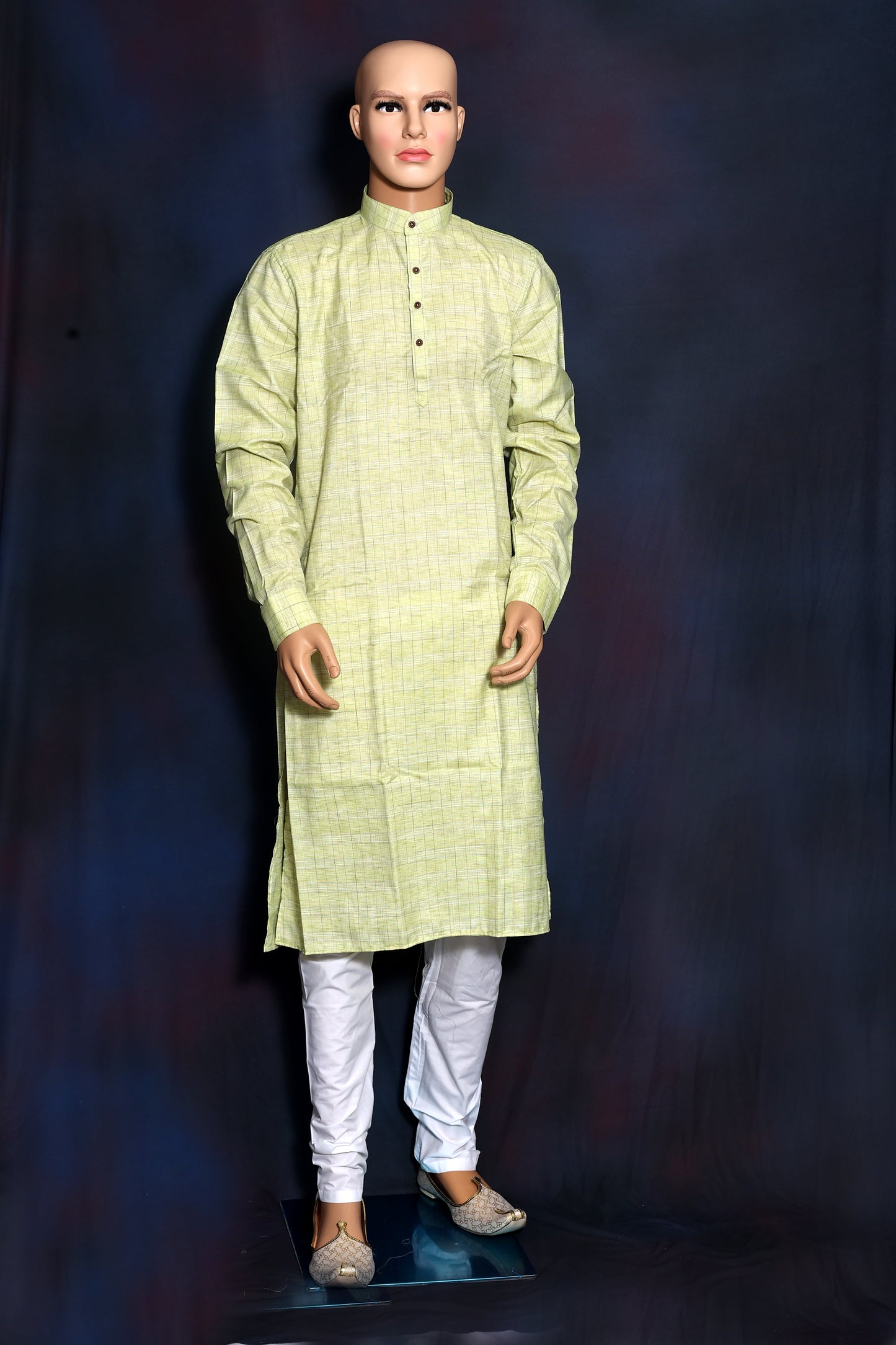 Refined Checkered Print Mens Lime Green Kurta