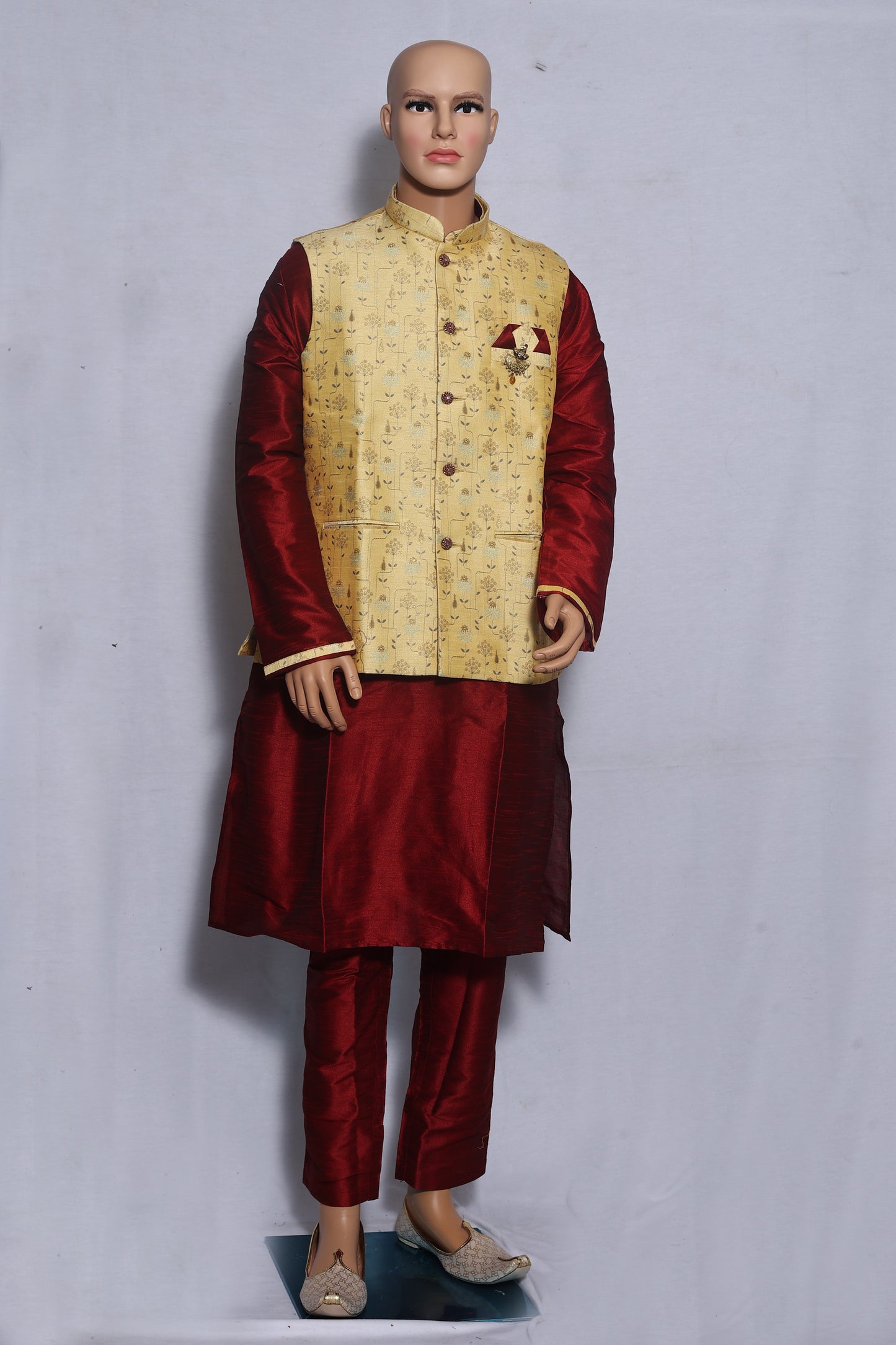 Mens Maroon Kurta Set with Printed Vest Jacket