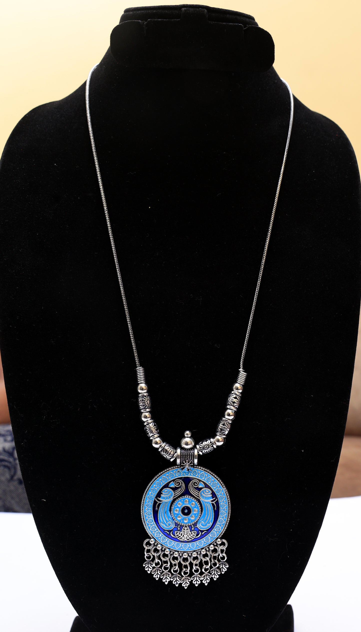 Blue Enamel Peacock Necklace