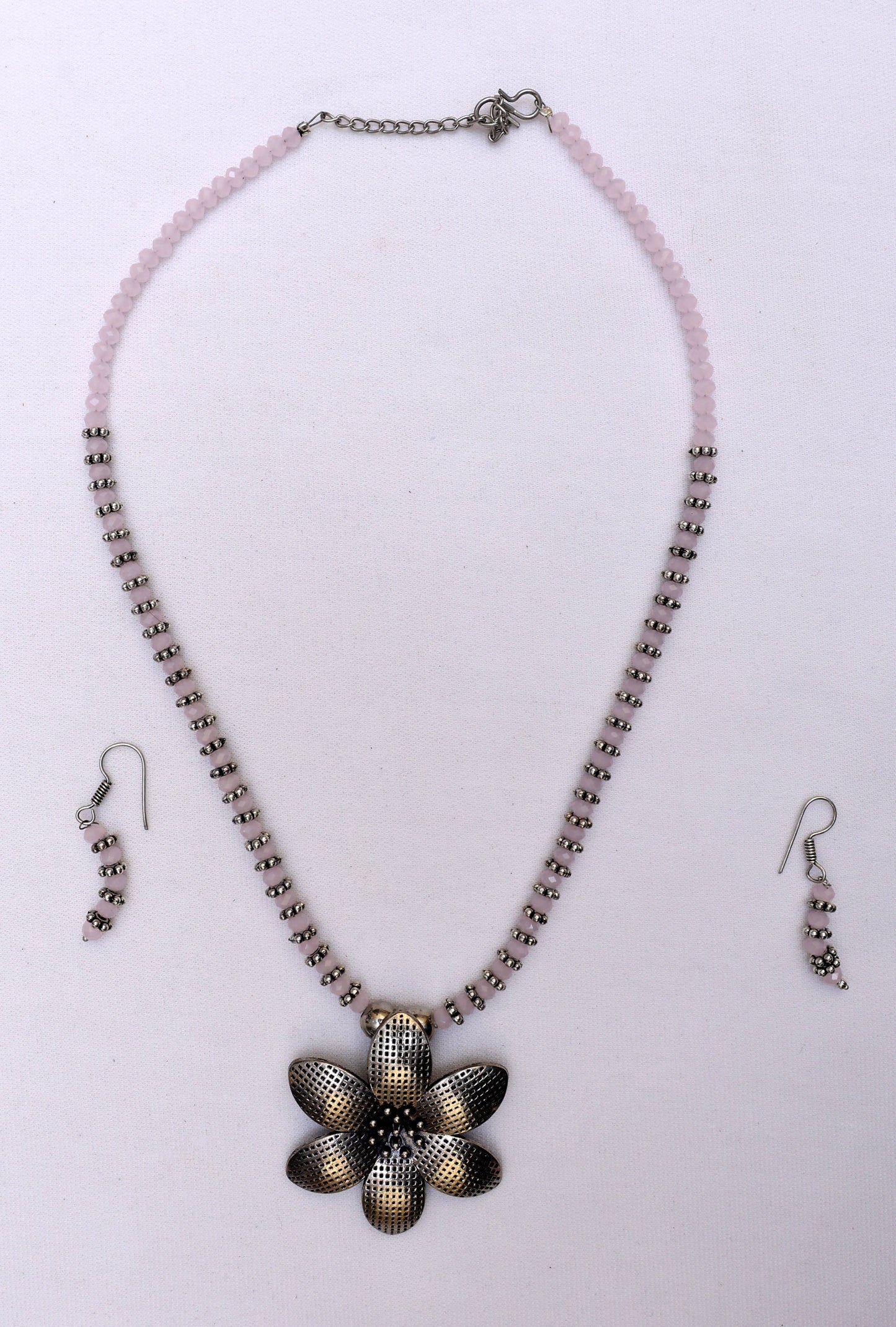 Charming Pink and Silver Floral Necklace Set