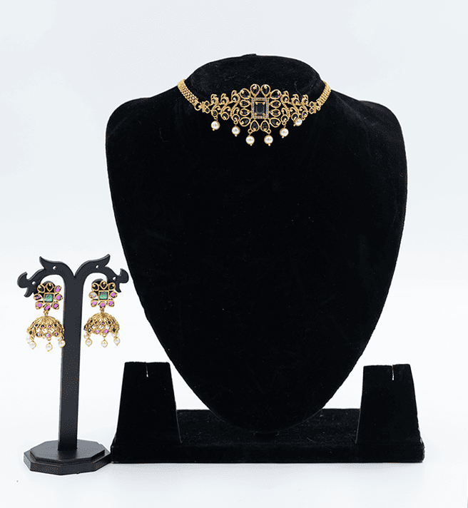Gold and Pearl Choker Necklace Set