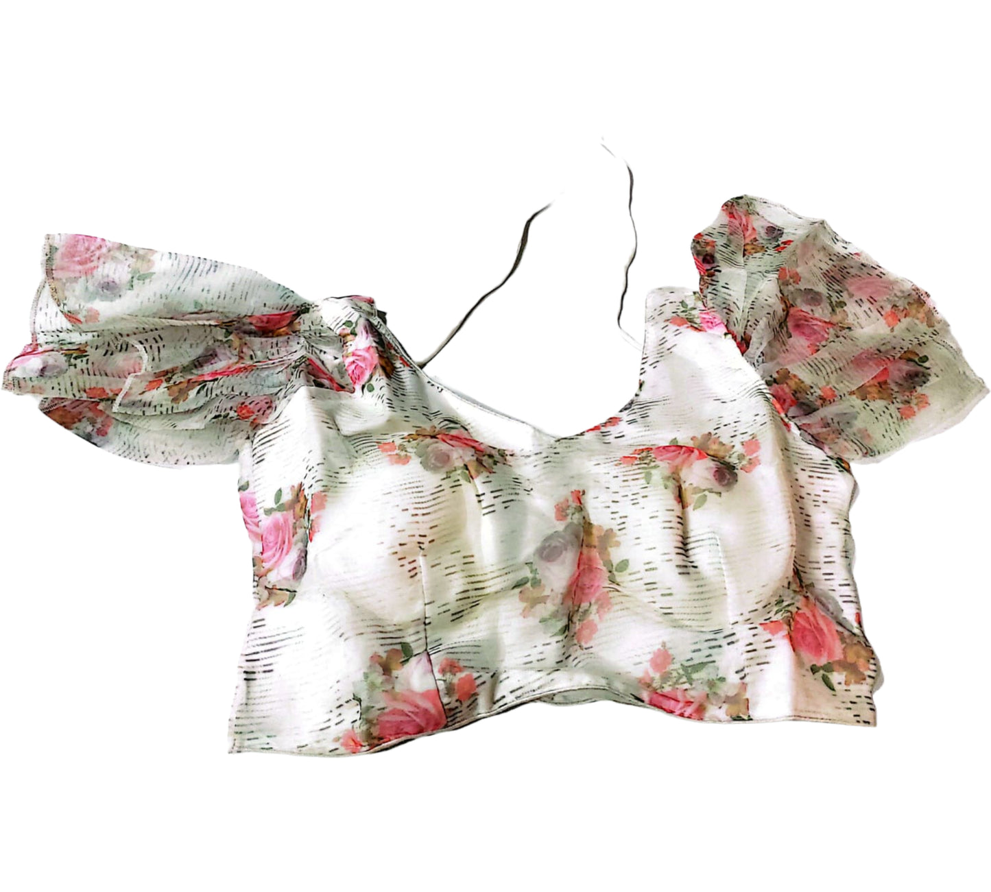 Elegant Floral Print White Blouse with Ruffled Sleeves