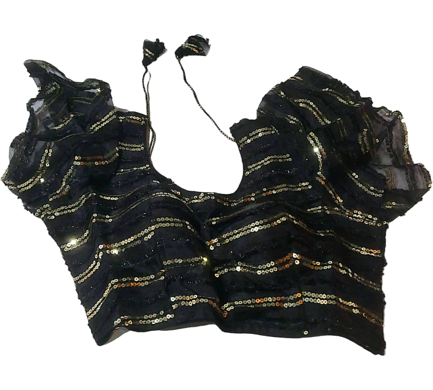 Sequined Black Blouse with Ruffled Sleeves