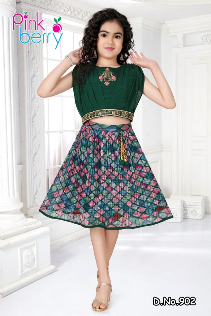 Emerald Green Diamond Print Skirt with Top for Girls