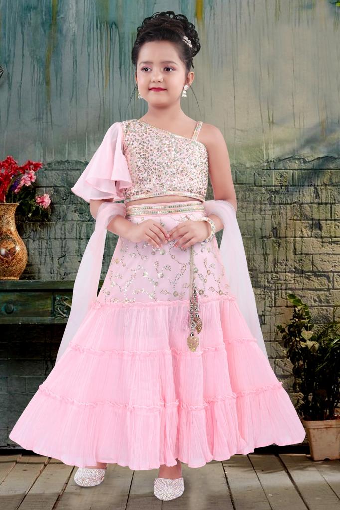 Stunning Pink One Shoulder Ruffle Lehenga Set for Girls