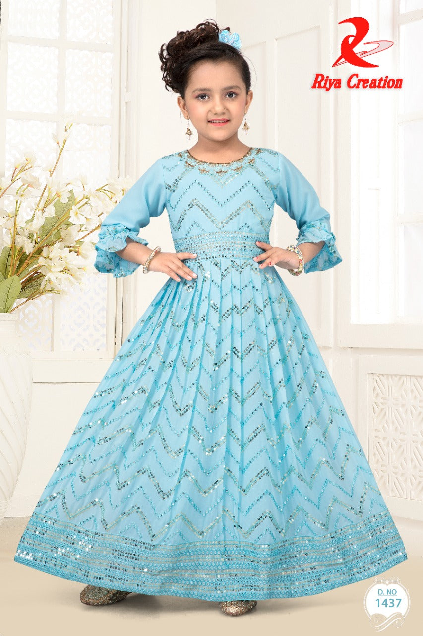 Elegant Sky Blue Gown with Chevron Sparkles for Girls