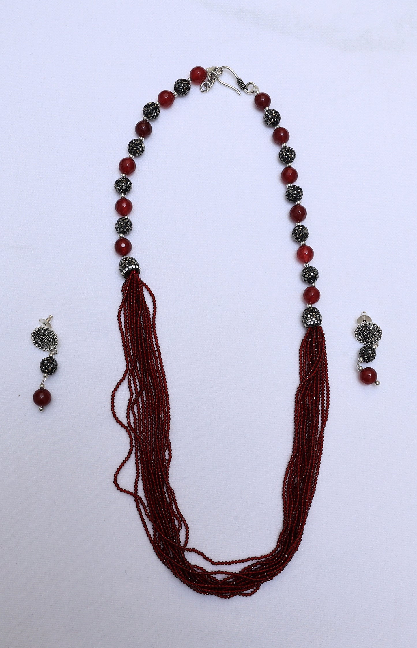 Maroon and Silver Beaded Necklace Set