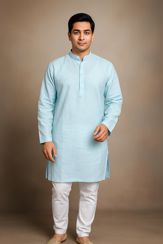 Ethereal Mens Sky White Solid Kurta