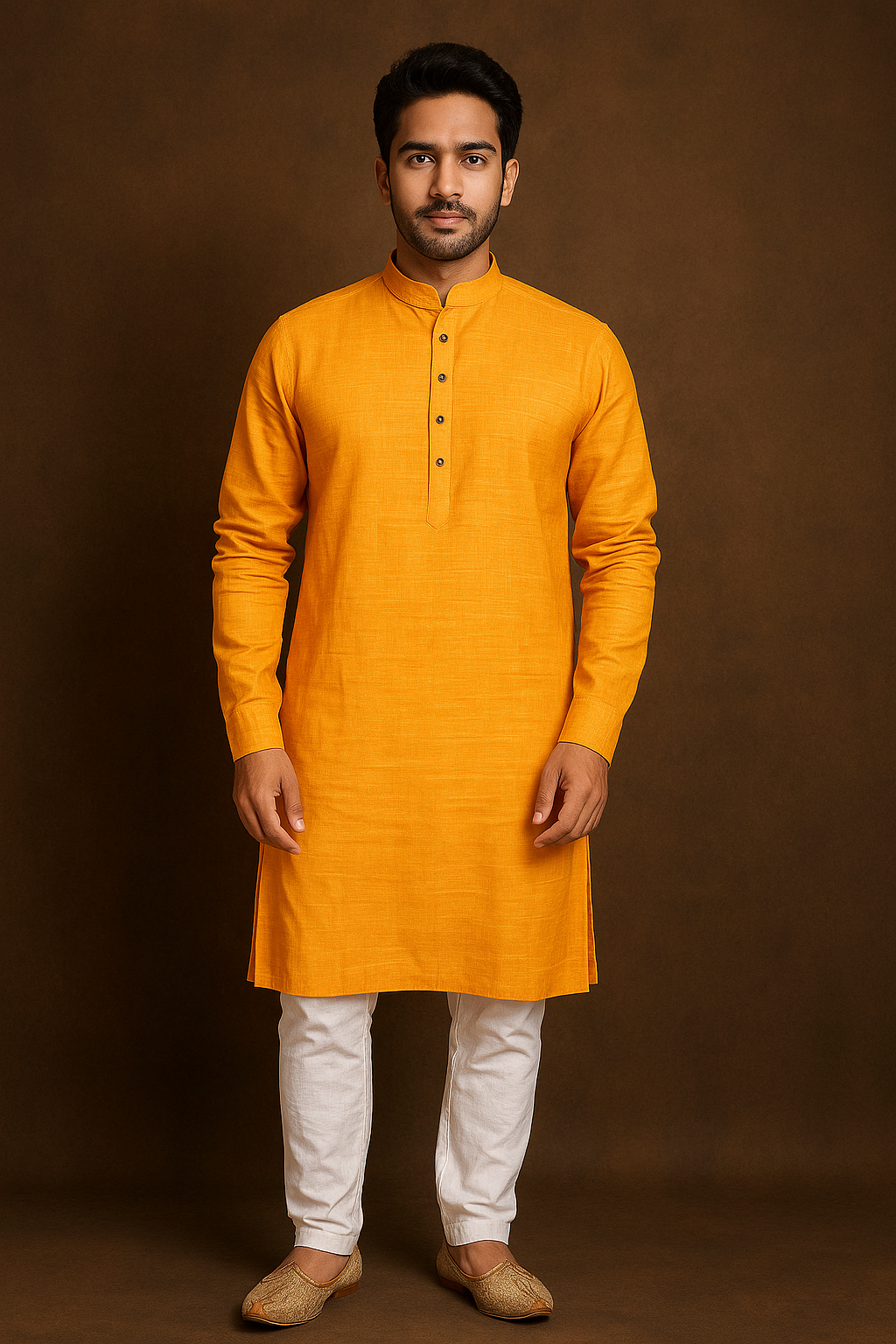 Men's Zesty Orange Plain Kurta with Front Buttons