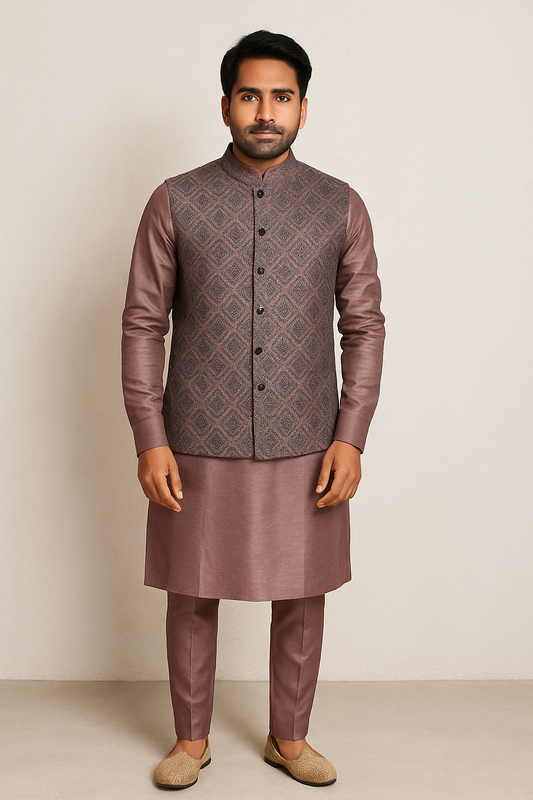 Mens Blush Pink Kurta Set with Printed Vest Jacket