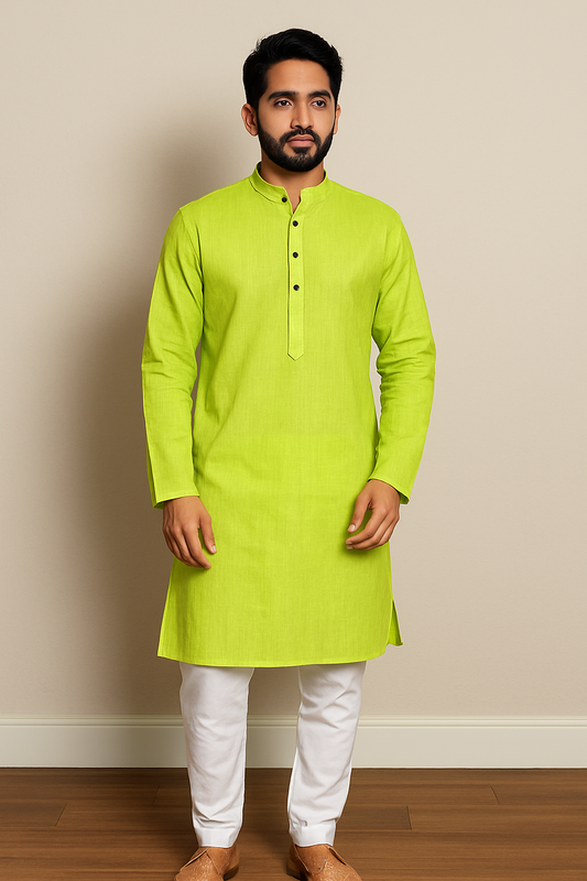 Mens Flourescent Green Solid Kurta