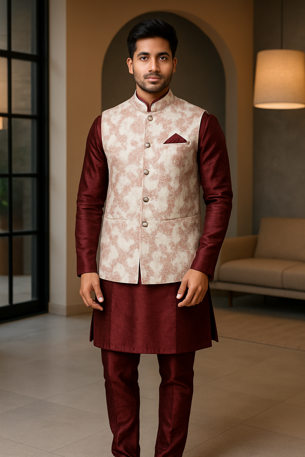 Mens Burgundy Kurta Set with Printed Vest Jacket