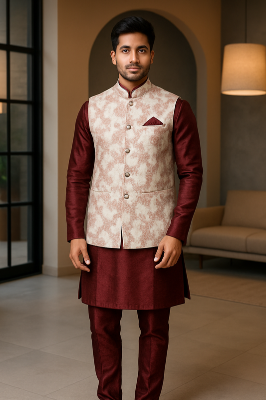 Mens Burgundy Kurta Set with Printed Vest Jacket