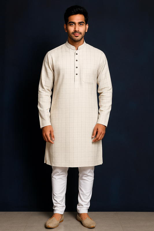 Mens Checkered Print Ivory Kurta