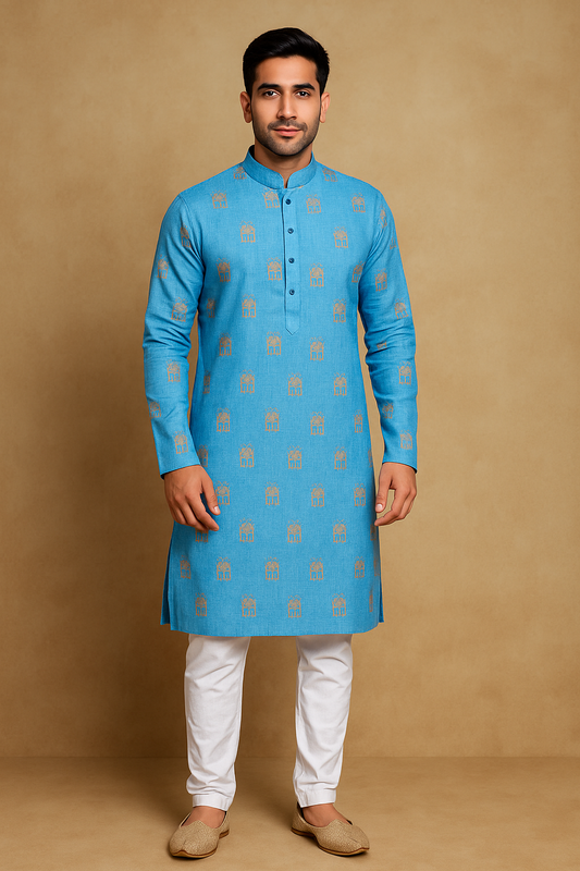 Mens Electric Blue Printed Ethnic Motifs Kurta