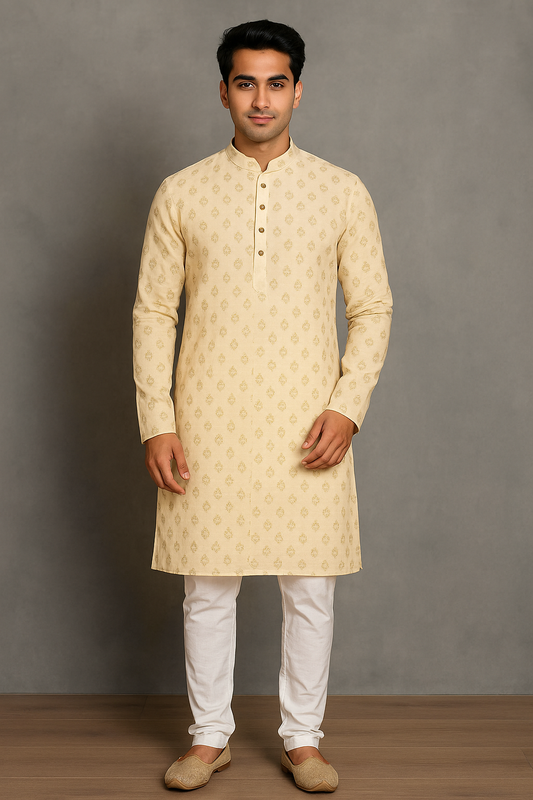 Mens Ethnic Motifs Printed Beige Kurta
