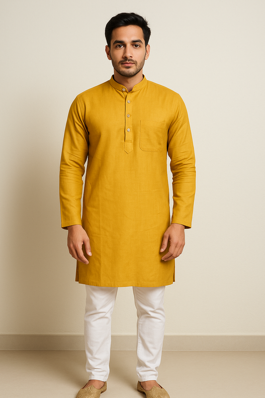 Mens Golden Yellow Solid Kurta