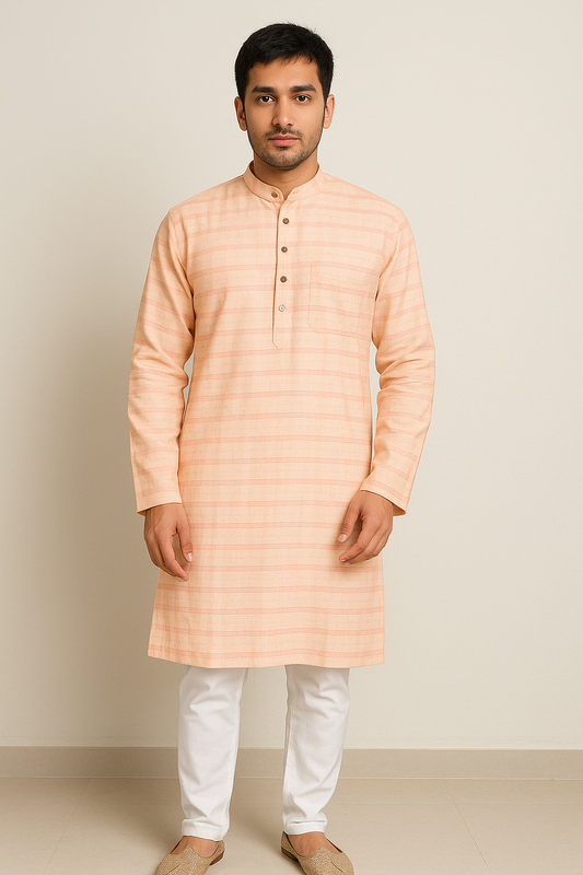Mens Horizontal Striped Printed Orange Kurta