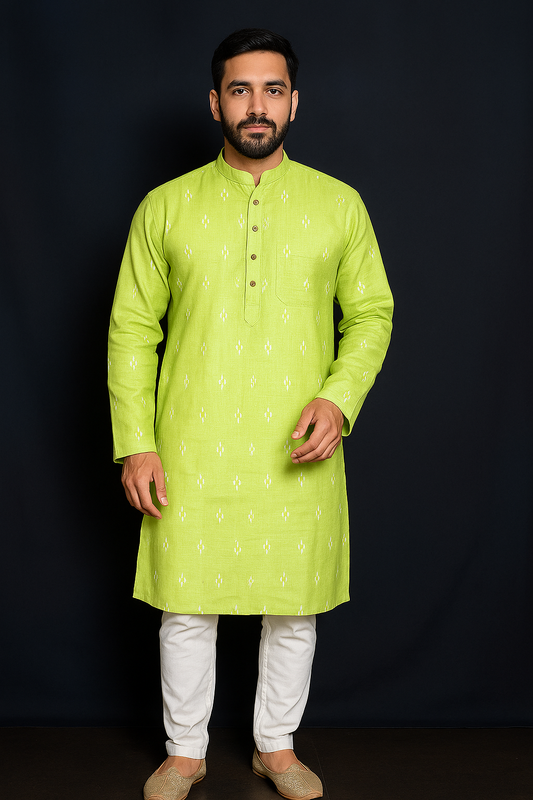 Mens Illuminated Green Ethnic Motif Kurta