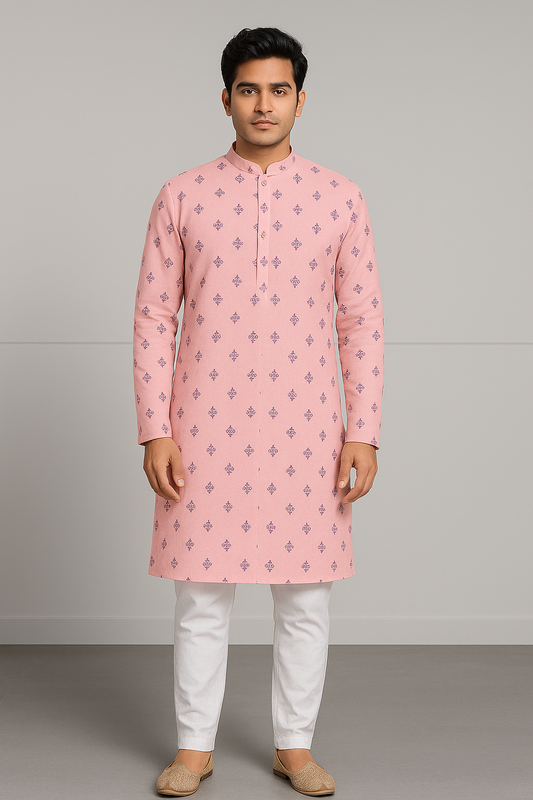 Mens Geometric Print Soft Pink Kurta