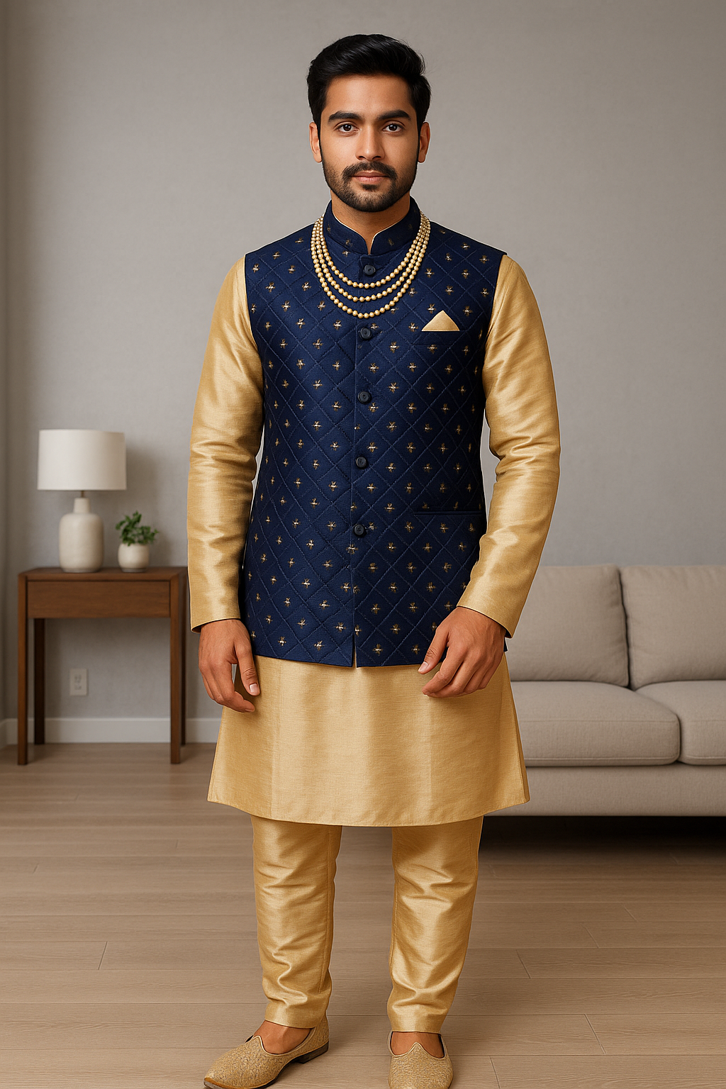 Mens Golden Kurta Set with Vest Jacket