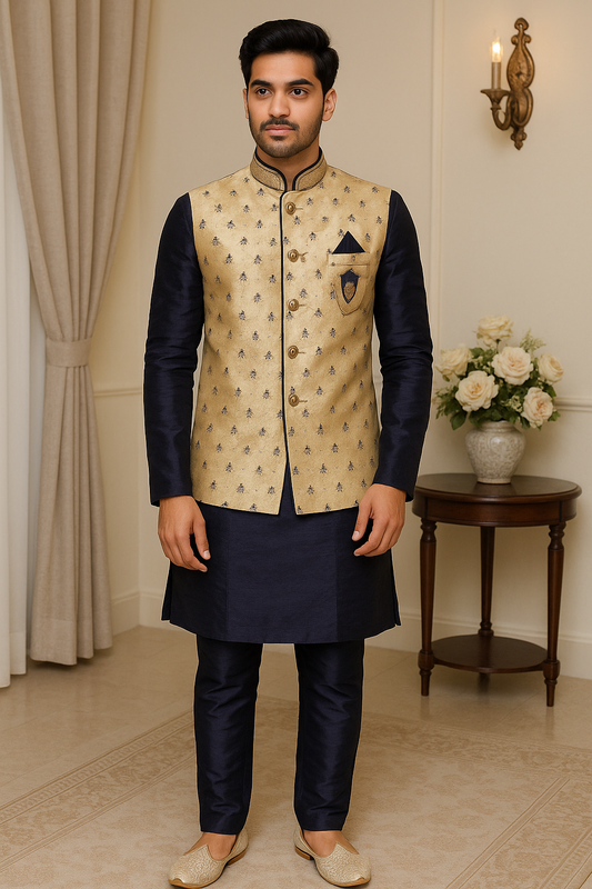 Mens Navy Blue Kurta Set with Vest Jacket