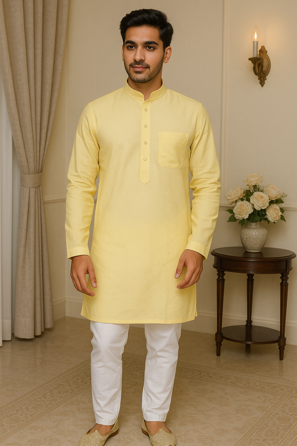 Mens Pastel Yellow Solid Kurta