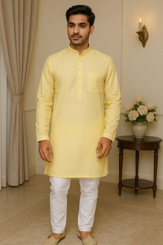 Mens Pastel Yellow Solid Kurta