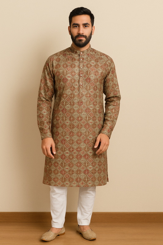 Mens Refined Ethnic Geometric Print Kurta
