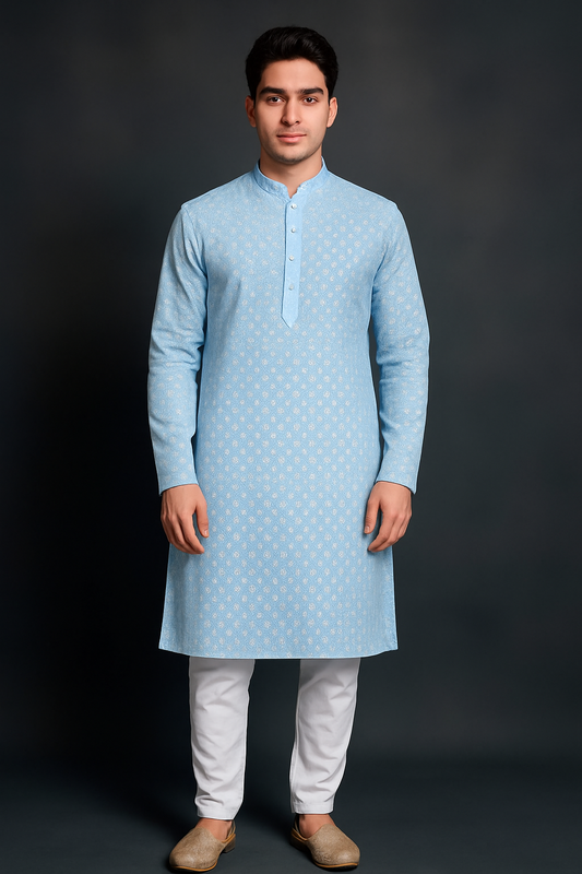 Mens Sky Blue Embroidered Kurta