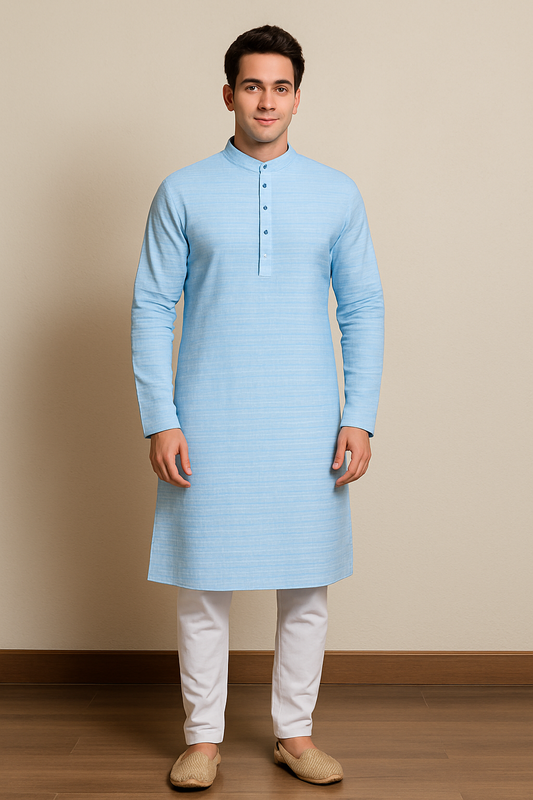 Mens Prestige Sky White Kurta with Stripes Printed