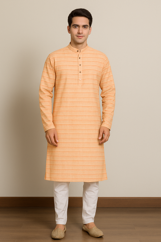 Mens Sunset Orange Solid Kurta with Stripes