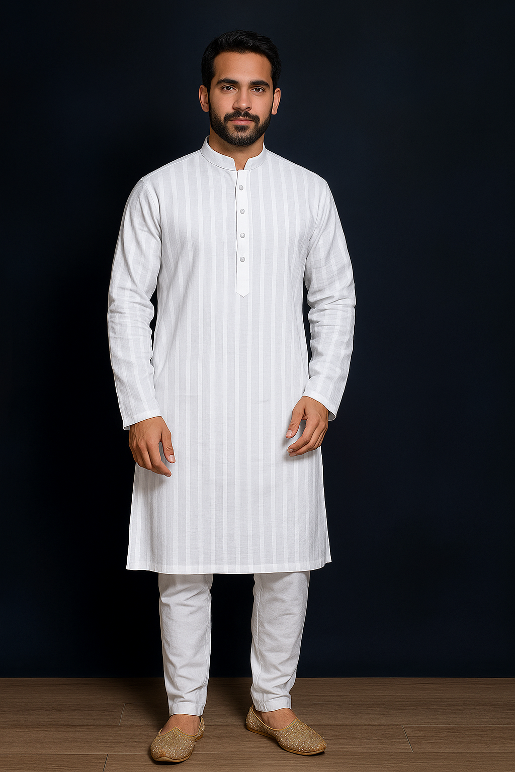 Mens Vertical Stripes Classic White Kurta