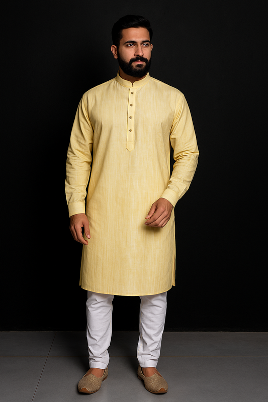 Mens Vertical Stripes Pale Yellow kurta