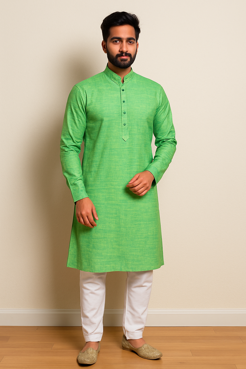 Mens Vibrant Green Solid Kurta