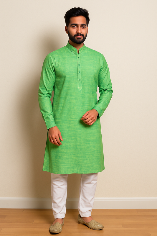 Mens Vibrant Green Solid Kurta