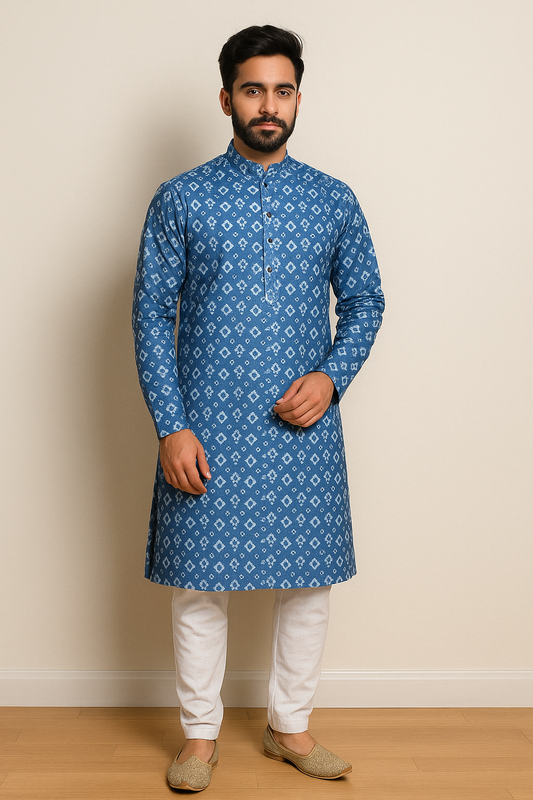 Regal Blue Kurta with Ethnic Motifs for Men