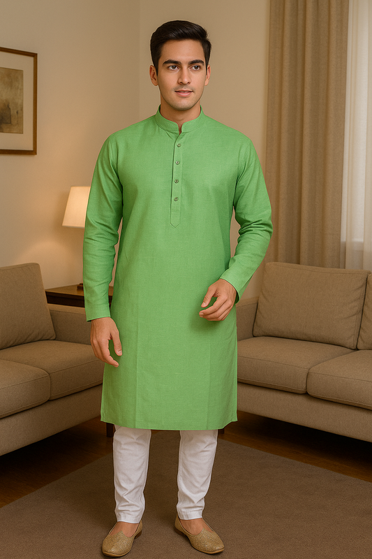 Subtle Geometric Green Men's Kurta with Front Buttons